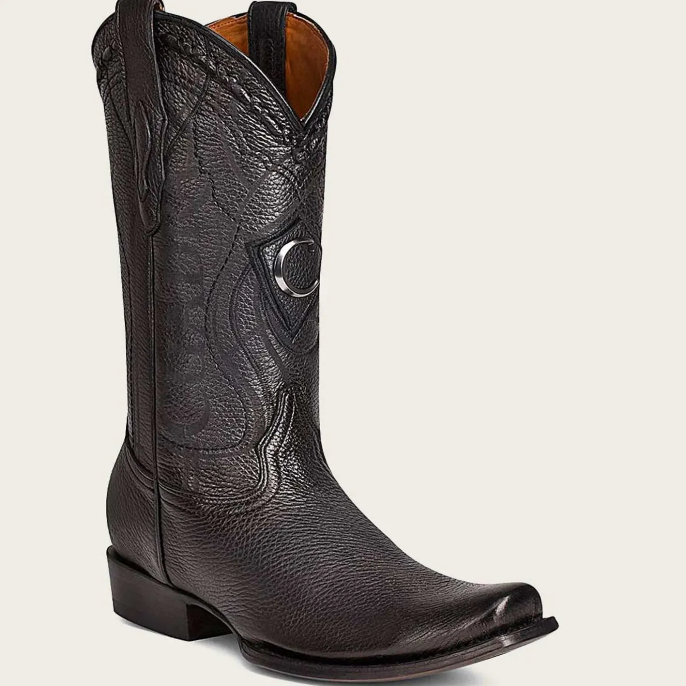 Men Cuadra Western Boots-Engraved Cowboy Black Leather Boots With Metallic Monogram