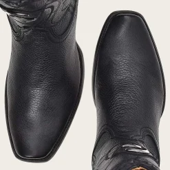 Men Cuadra Western Boots-Engraved Cowboy Black Leather Boots With Metallic Monogram