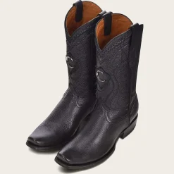 Men Cuadra Western Boots-Engraved Cowboy Black Leather Boots With Metallic Monogram