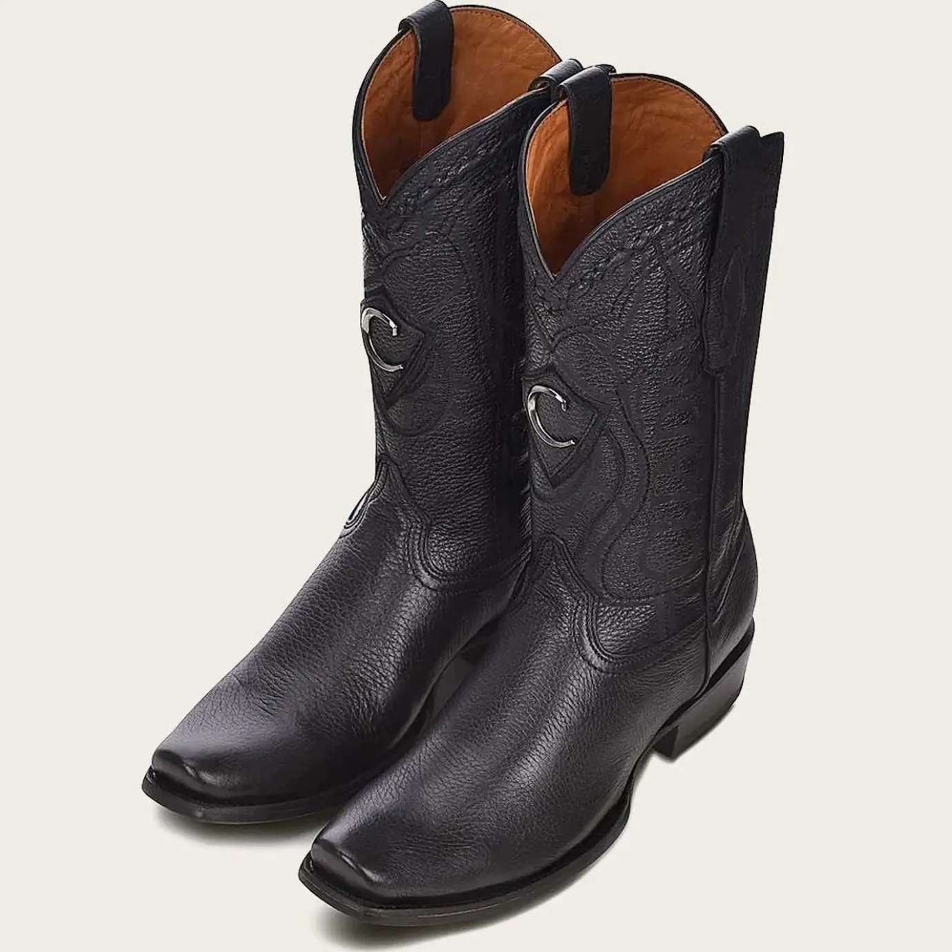 Men Cuadra Western Boots-Engraved Cowboy Black Leather Boots With Metallic Monogram