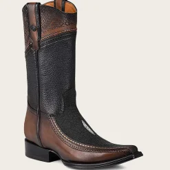 Men Cuadra Western Boots-Engraved Exotic Black Leather Cowboy Boots