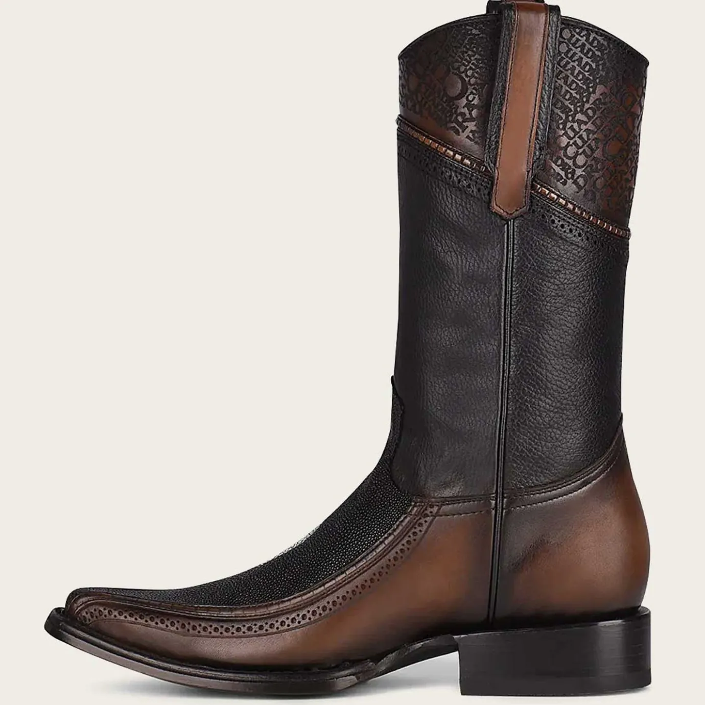 Men Cuadra Western Boots-Engraved Exotic Black Leather Cowboy Boots