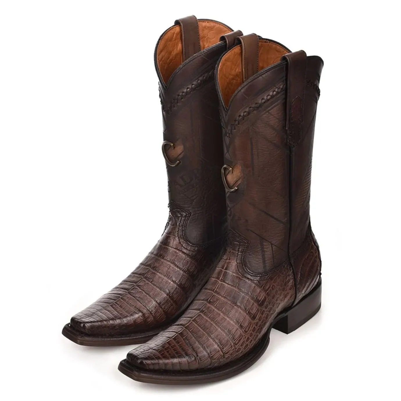 Men Cuadra Western Boots-Engraved Exotic Dark Brown Leather Boots