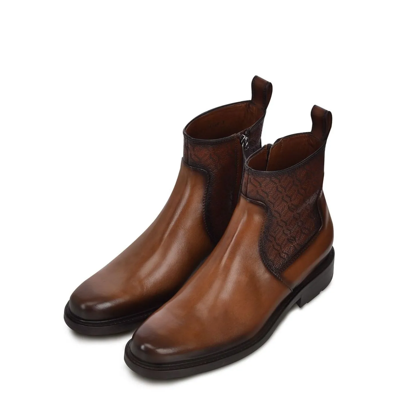 Men Cuadra Urban & Casual Boots-Engraved Hand-Painted Honey Leather Chelsea Boots By Franco