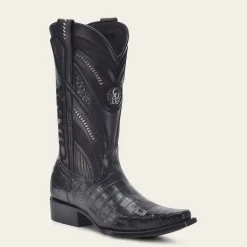 Men Cuadra Western Boots-Engraved High Exotic Black Leather Boot