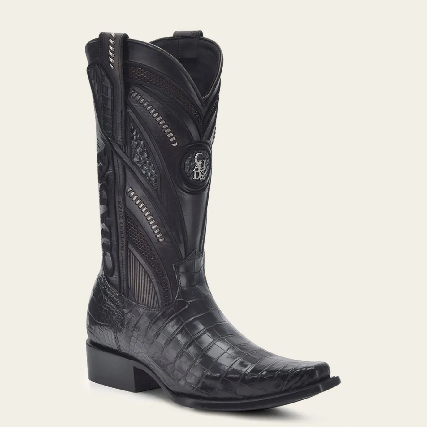 Men Cuadra Western Boots-Engraved High Exotic Black Leather Boot