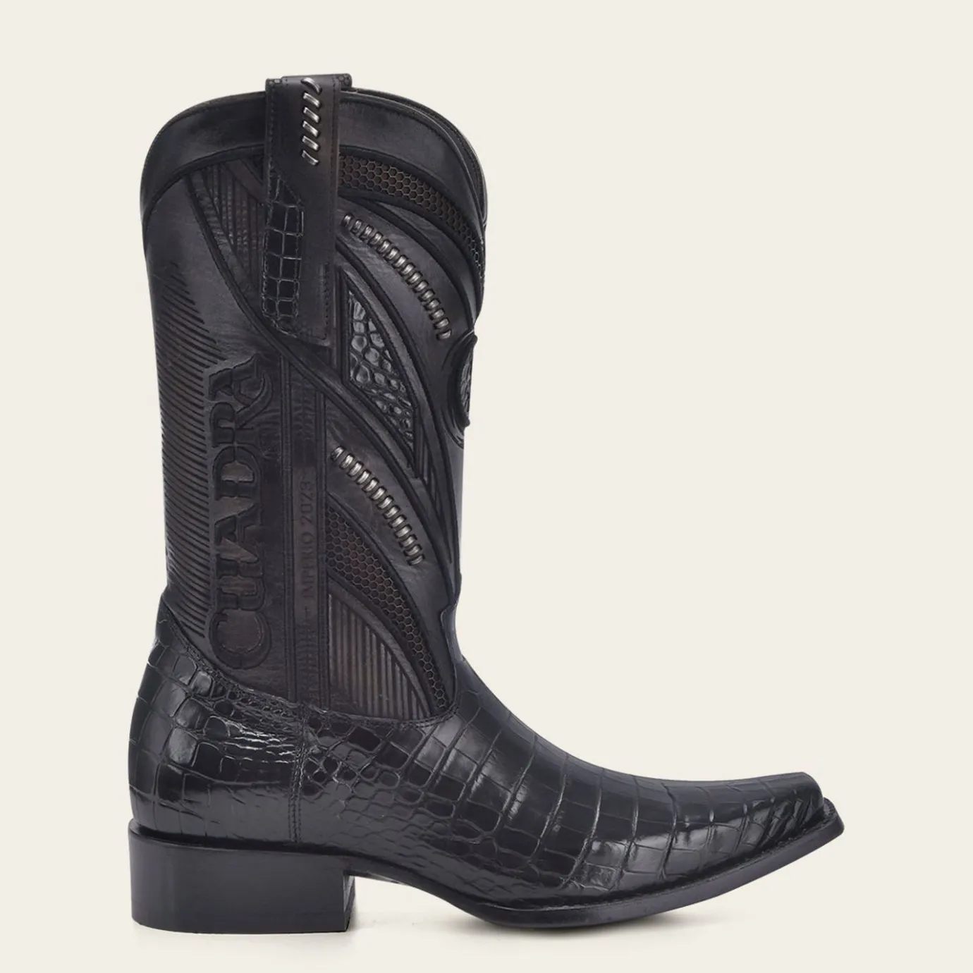Men Cuadra Western Boots-Engraved High Exotic Black Leather Boot