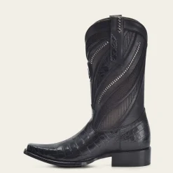 Men Cuadra Western Boots-Engraved High Exotic Black Leather Boot
