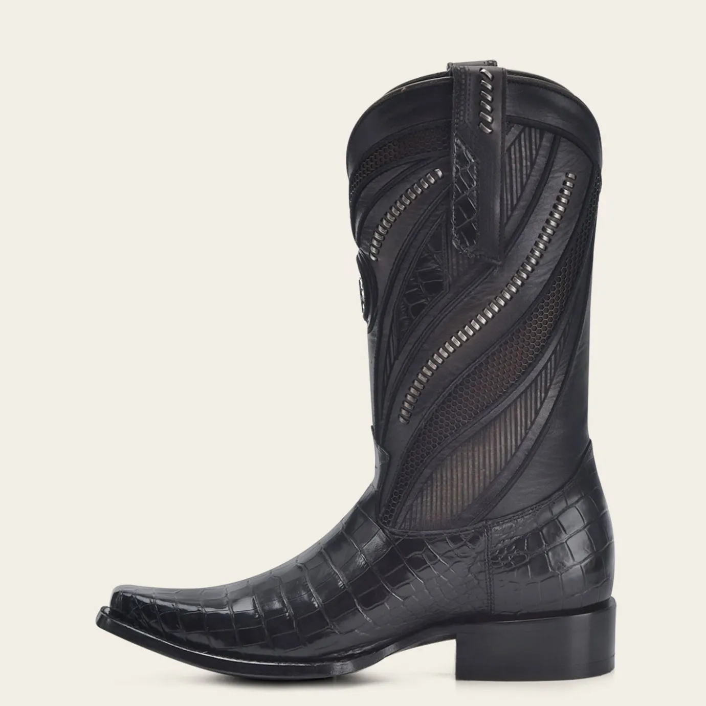 Men Cuadra Western Boots-Engraved High Exotic Black Leather Boot