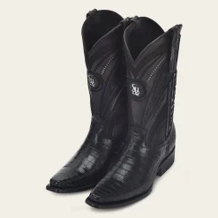 Men Cuadra Western Boots-Engraved High Exotic Black Leather Boot