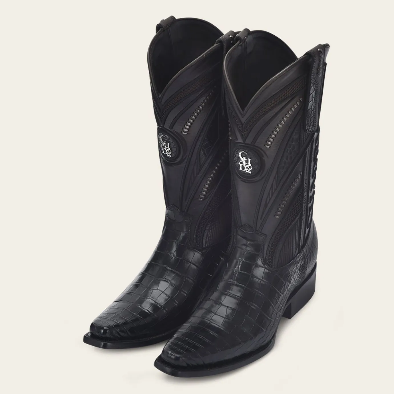 Men Cuadra Western Boots-Engraved High Exotic Black Leather Boot