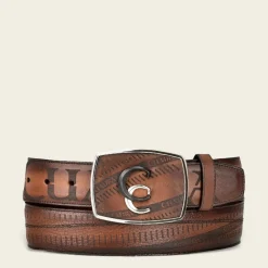 Men Cuadra Belts-Engraved Honey Brown Leather Western Belt With Black And Silver Monogram