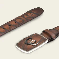 Men Cuadra Belts-Engraved Honey Brown Leather Western Belt With Black And Silver Monogram