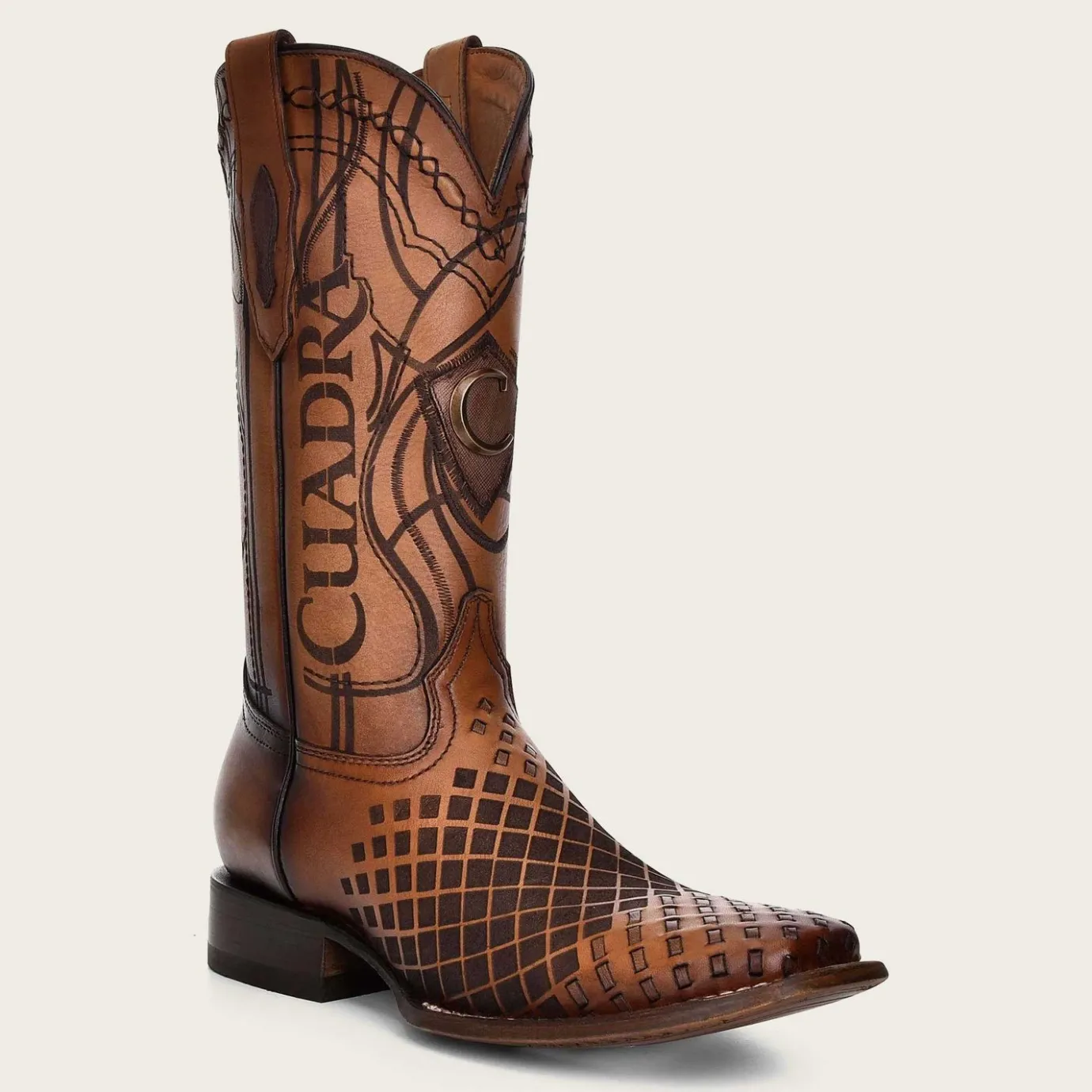 Men Cuadra Western Boots-Engraved Honey Leather Western Boots