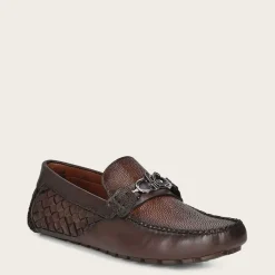 Men Cuadra Loafers & Driving Shoes-Exotic Brown Leather Driver With Interwoven Detail