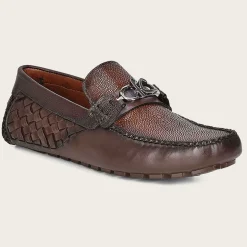 Men Cuadra Loafers & Driving Shoes-Exotic Brown Leather Driver With Interwoven Detail