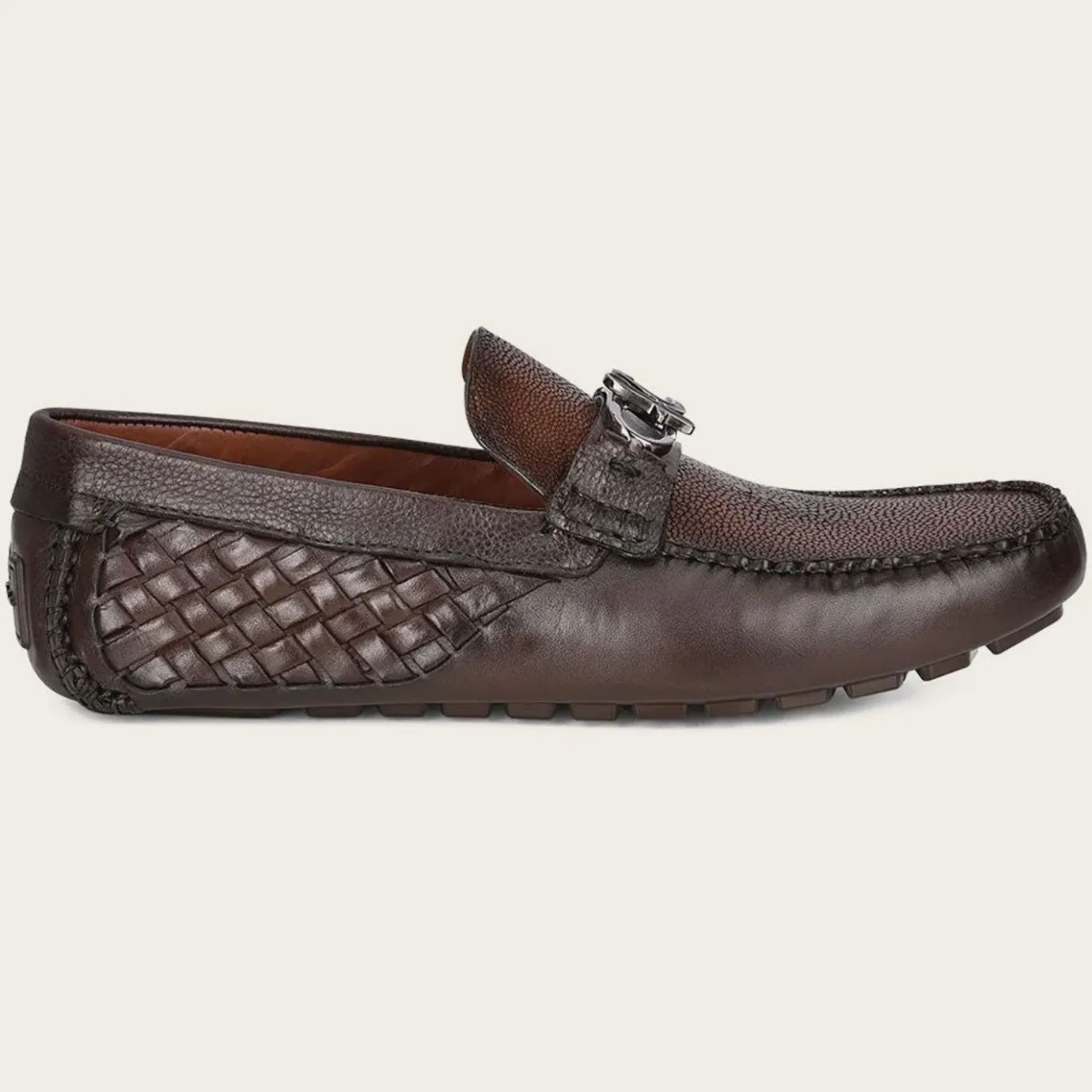 Men Cuadra Loafers & Driving Shoes-Exotic Brown Leather Driver With Interwoven Detail