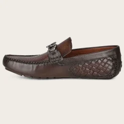 Men Cuadra Loafers & Driving Shoes-Exotic Brown Leather Driver With Interwoven Detail