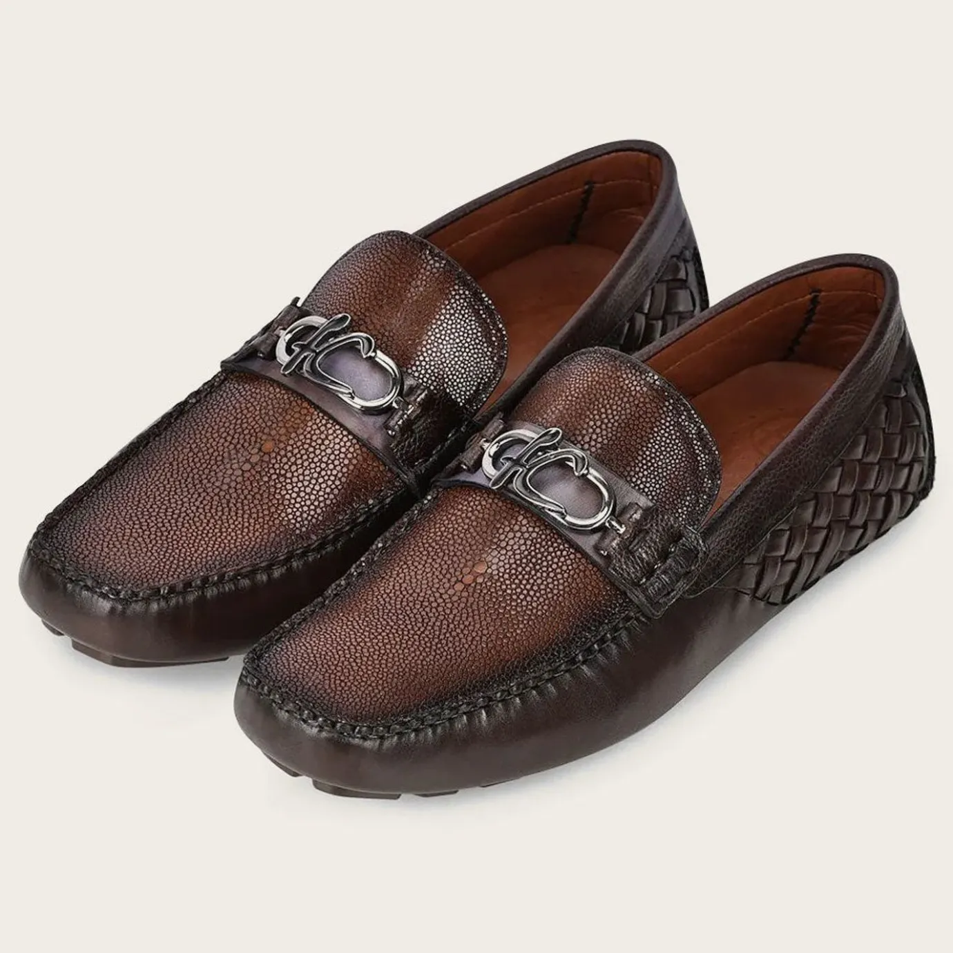Men Cuadra Loafers & Driving Shoes-Exotic Brown Leather Driver With Interwoven Detail