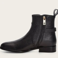 Women Cuadra Ankle Boots & Booties-Genuine Deer Black Leather Bootie With Buckle