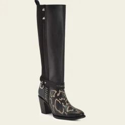 Women Cuadra Tall & Knee-High Boots-Genuine Python Black Leather Tall Boot