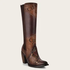Women Cuadra Tall & Knee-High Boots-Genuine Python Brown Leather Boot With Laser Engraved Details