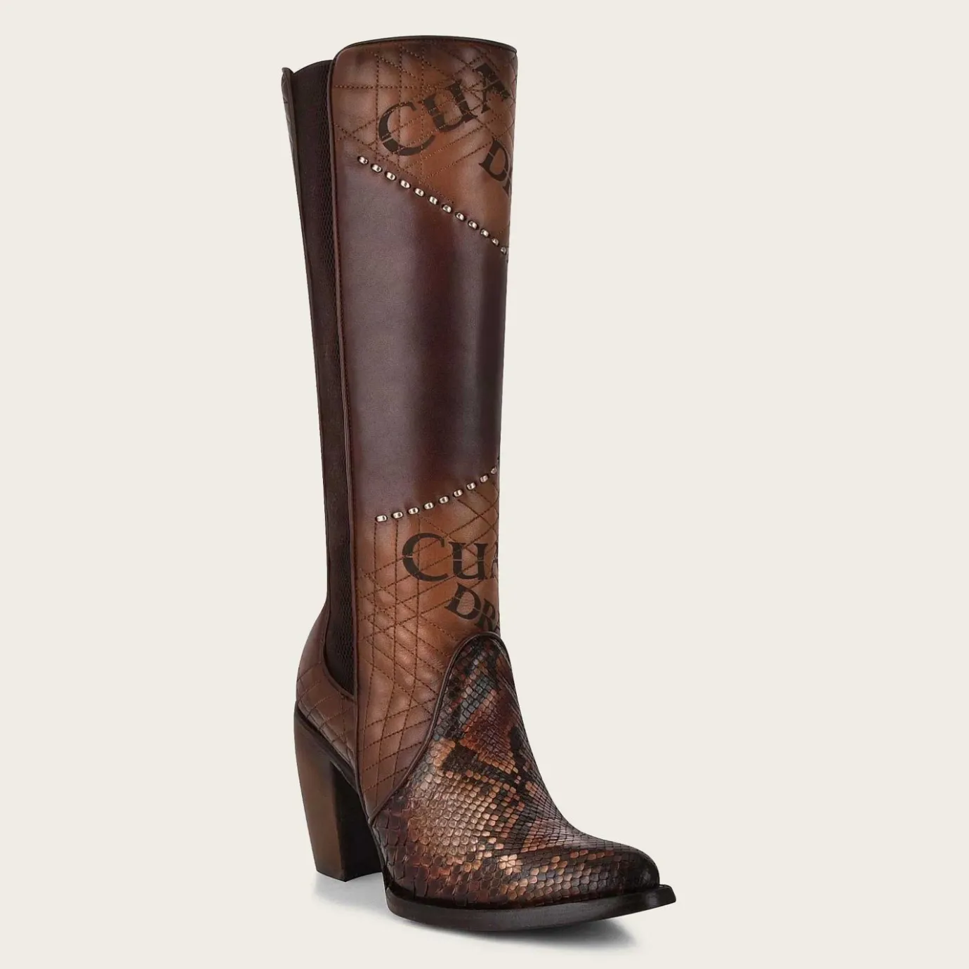 Women Cuadra Tall & Knee-High Boots-Genuine Python Brown Leather Boot With Laser Engraved Details