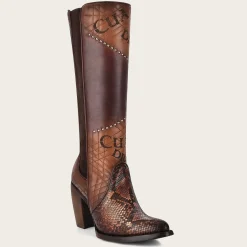 Women Cuadra Tall & Knee-High Boots-Genuine Python Brown Leather Boot With Laser Engraved Details