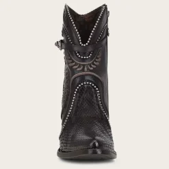 Women Cuadra Ankle Boots & Booties-Genuine Python Embroidered Black Leather Bootie