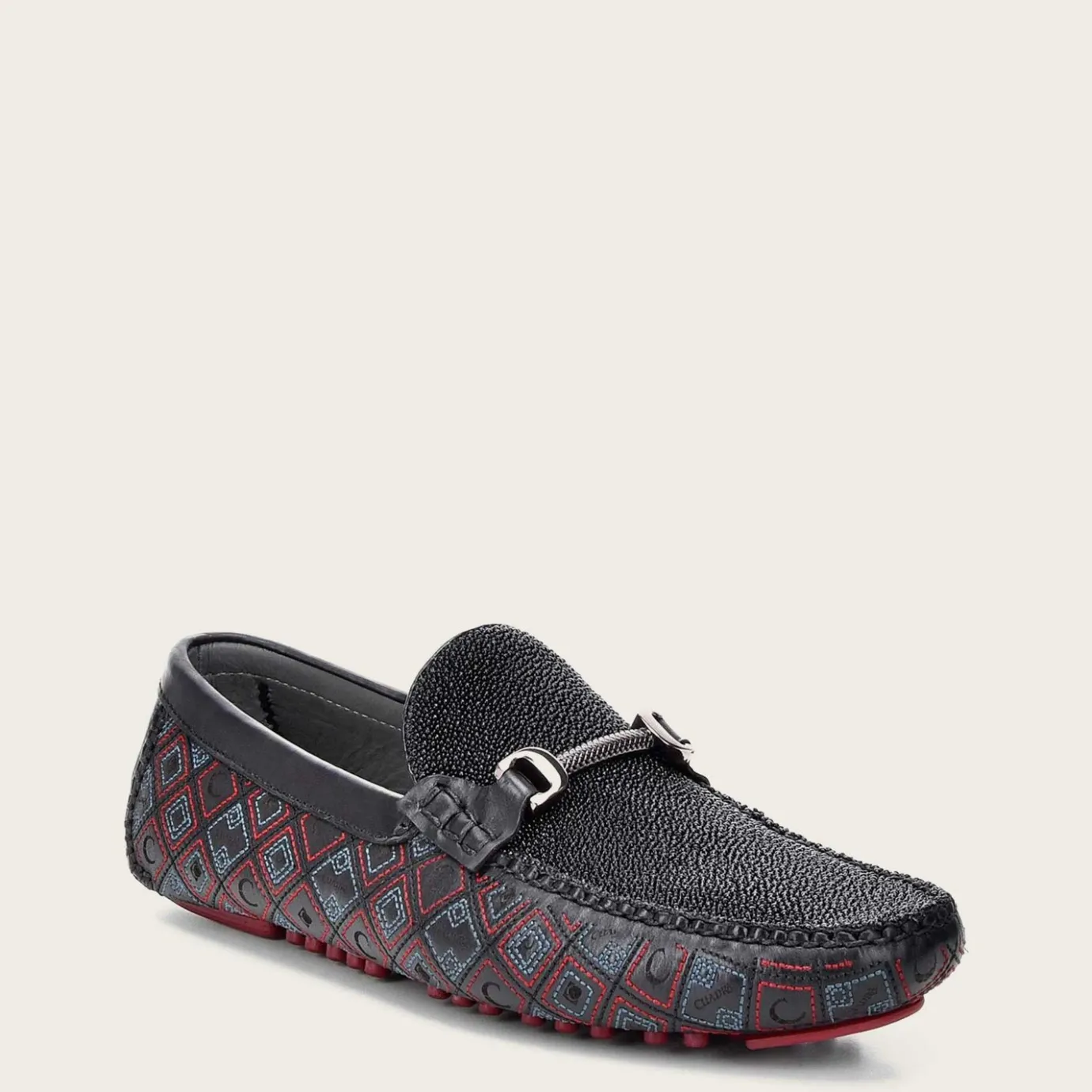 Men Cuadra Loafers & Driving Shoes-Genuine Stingray Embroidered Black Leather Driver