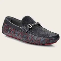 Men Cuadra Loafers & Driving Shoes-Genuine Stingray Embroidered Black Leather Driver