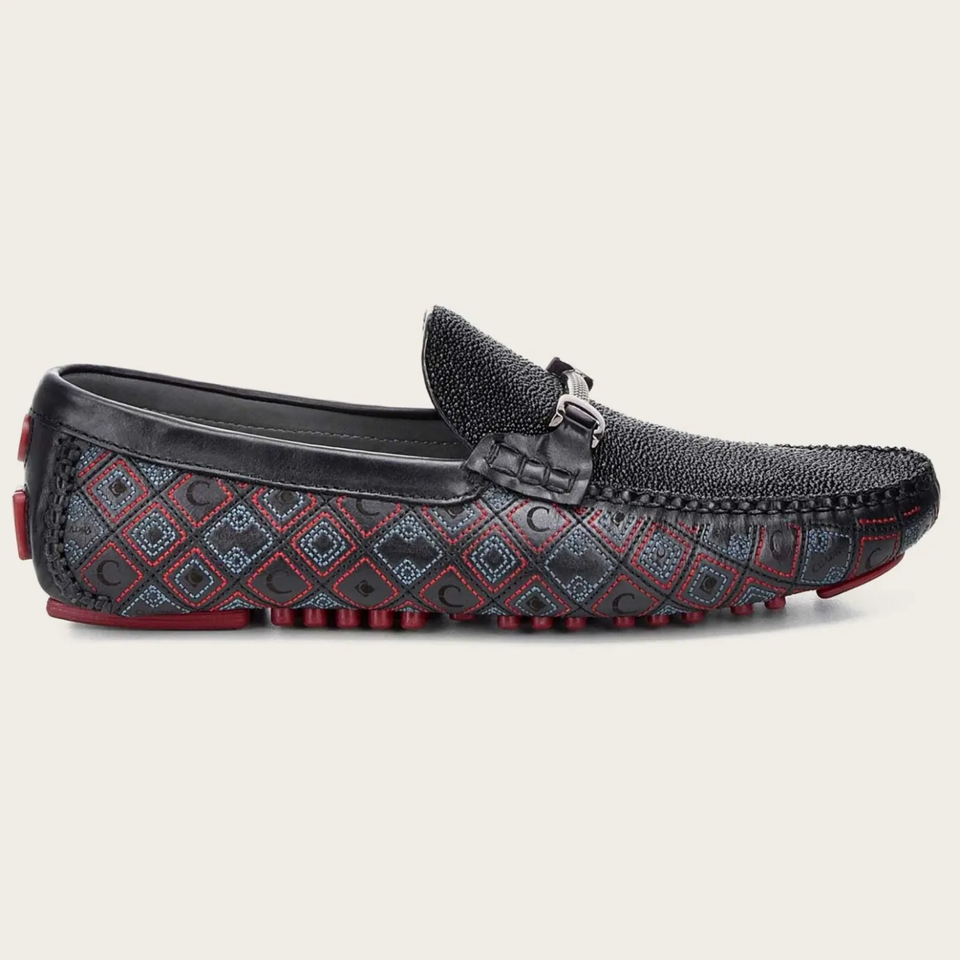 Men Cuadra Loafers & Driving Shoes-Genuine Stingray Embroidered Black Leather Driver