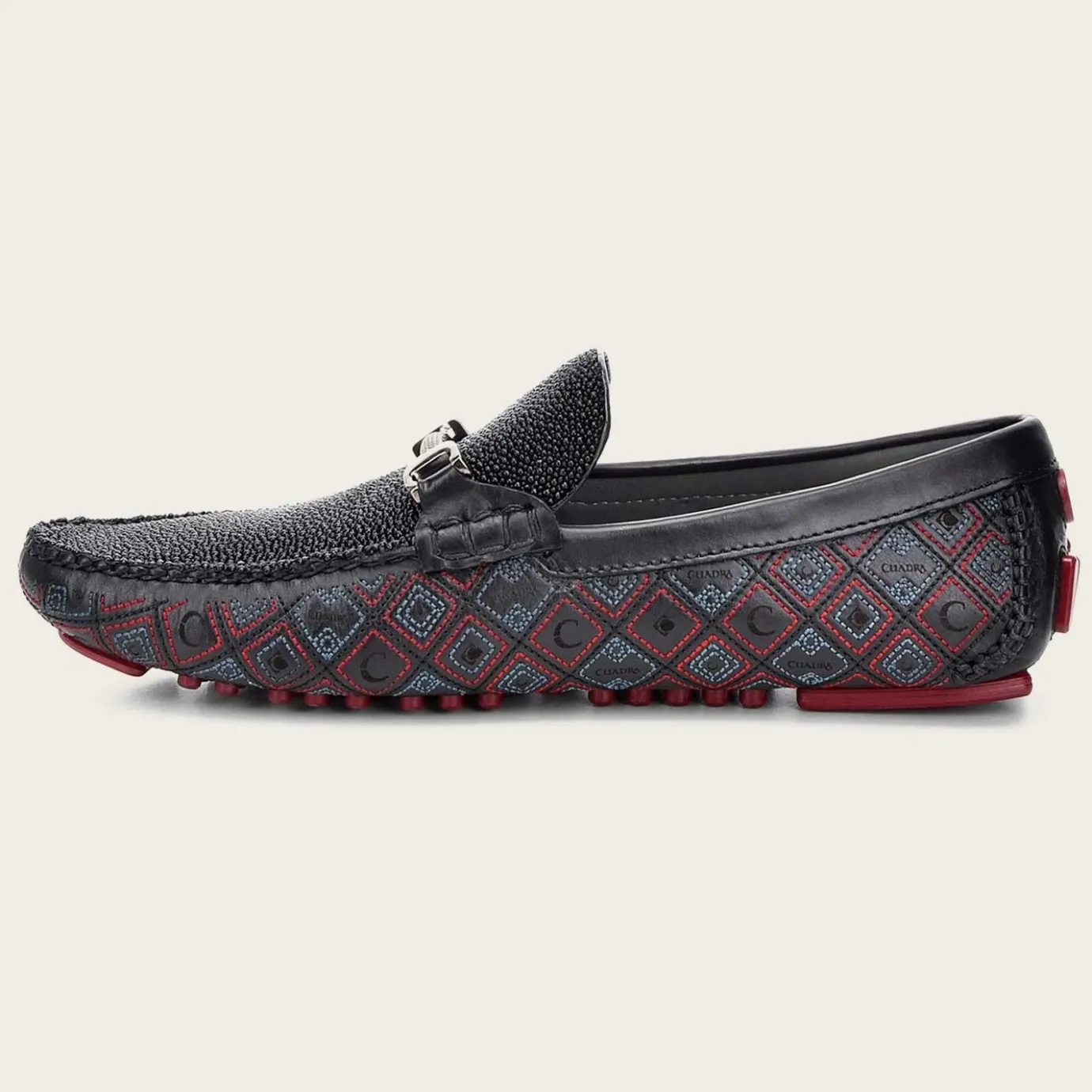 Men Cuadra Loafers & Driving Shoes-Genuine Stingray Embroidered Black Leather Driver
