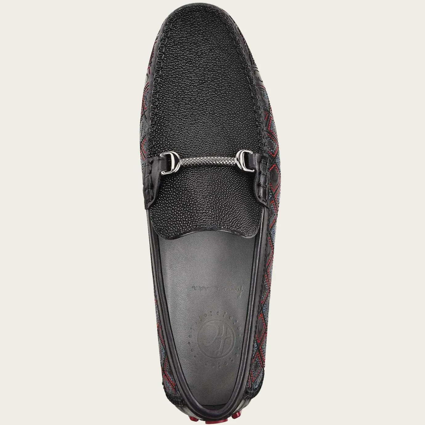 Men Cuadra Loafers & Driving Shoes-Genuine Stingray Embroidered Black Leather Driver