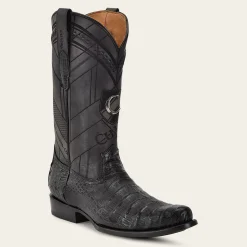 Men Cuadra Western Boots-Geometrical Engraved Black Cayman Leather Boot