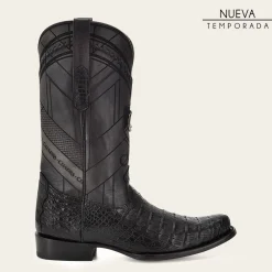 Men Cuadra Western Boots-Geometrical Engraved Black Cayman Leather Boot