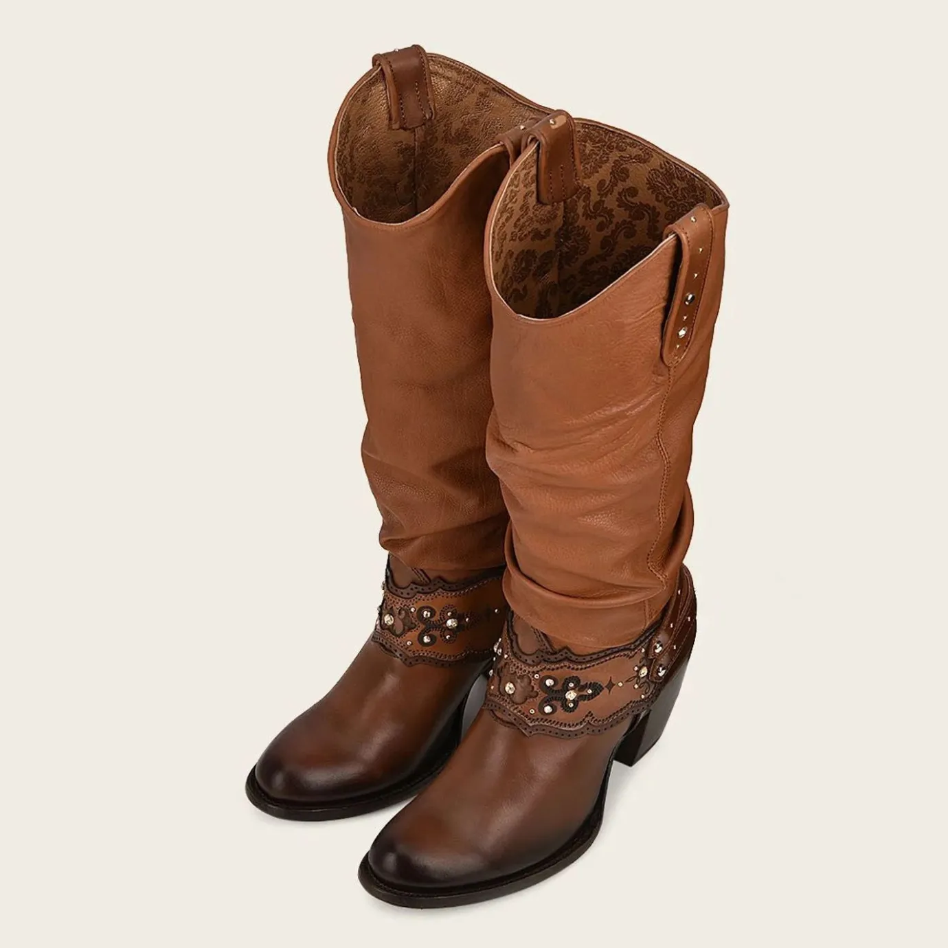 Women Cuadra Western Boots-Hand Painted Honey Leather Boot With Crystals