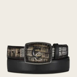 Men Cuadra Belts-Hand-Painted Black Exotic Leather Western Belt With Double Metal Insert