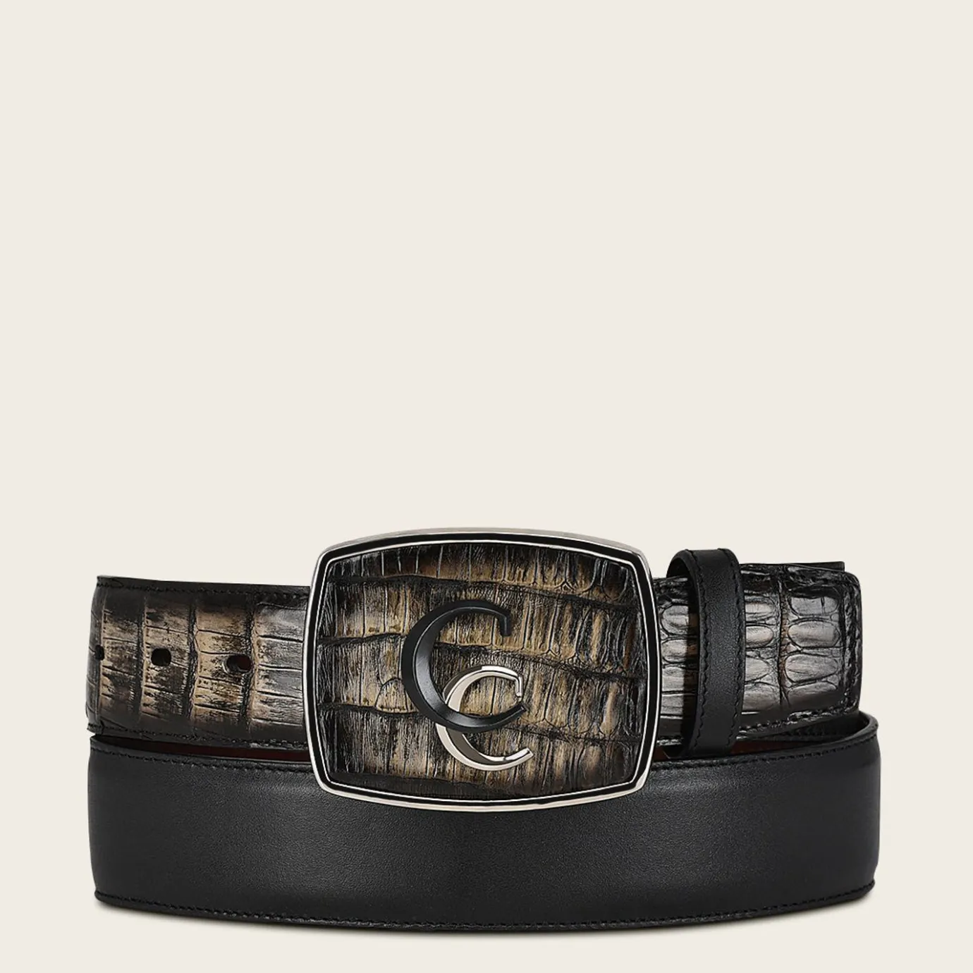 Men Cuadra Belts-Hand-Painted Black Exotic Leather Western Belt With Double Metal Insert