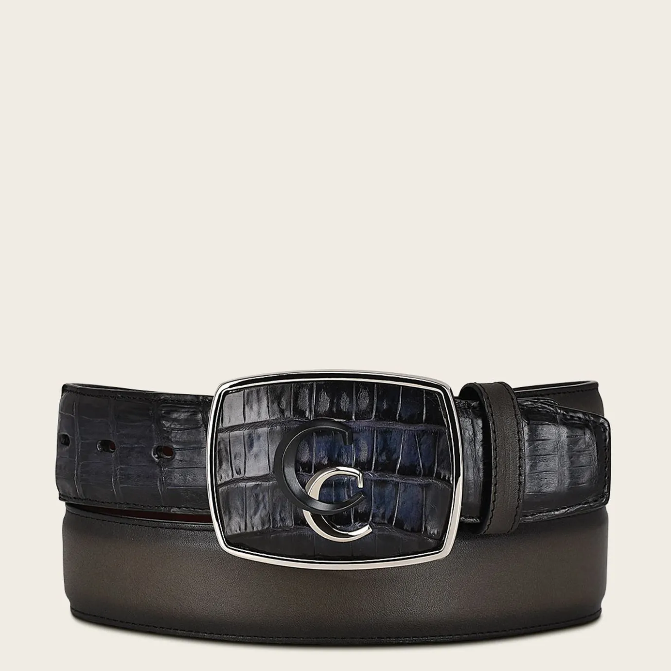 Men Cuadra Belts-Hand-Painted Blue Exotic Leather Western Belt With Double Metal Insert