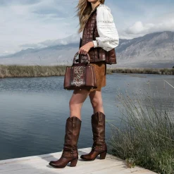 Women Cuadra Western Boots-Hand-Painted Brown Leather Boot With Austrian Crystals