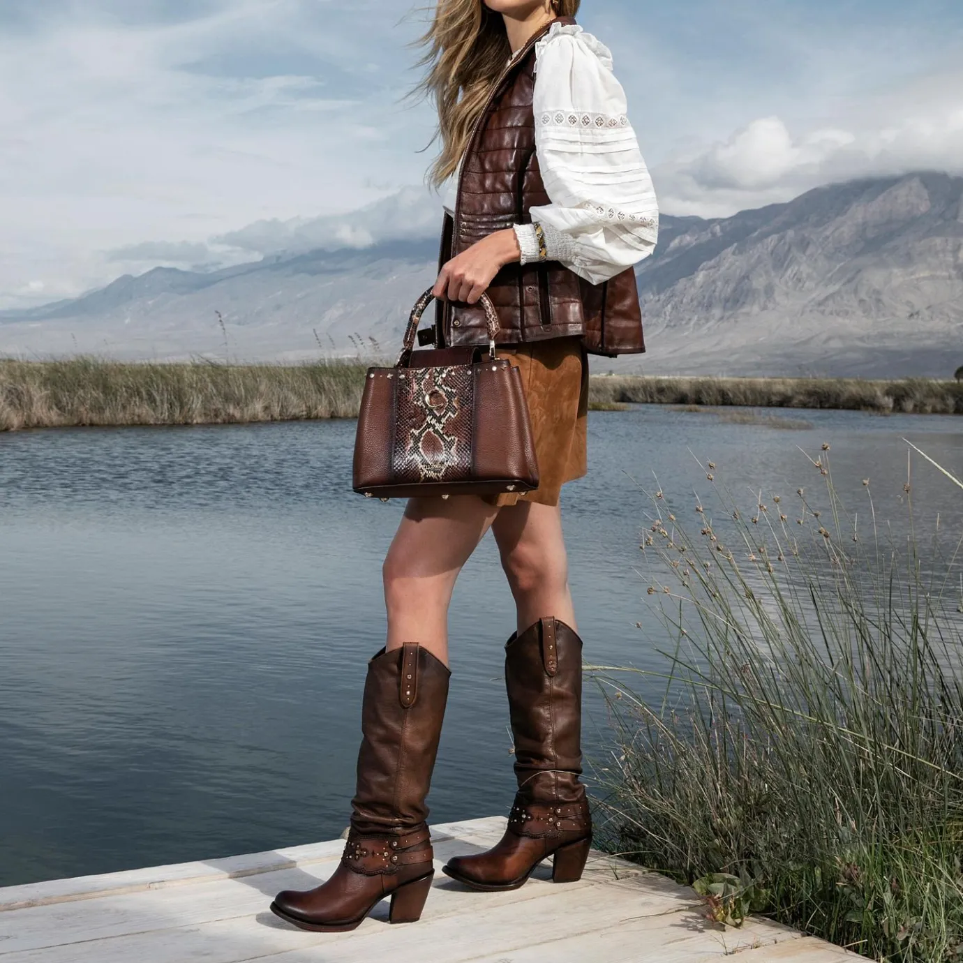 Women Cuadra Western Boots-Hand-Painted Brown Leather Boot With Austrian Crystals