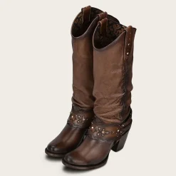 Women Cuadra Western Boots-Hand-Painted Brown Leather Boot With Austrian Crystals