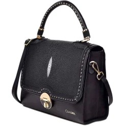 Women Cuadra Top Handle & Satchel Bags-Handwoven Black Leather Satchel Bag