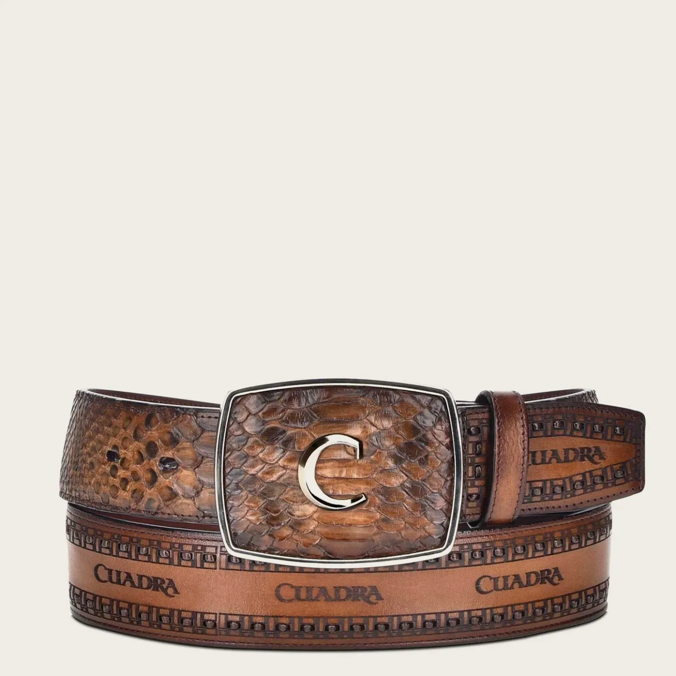 Men Cuadra Belts-Honey Engraved Python Leather Western Belt