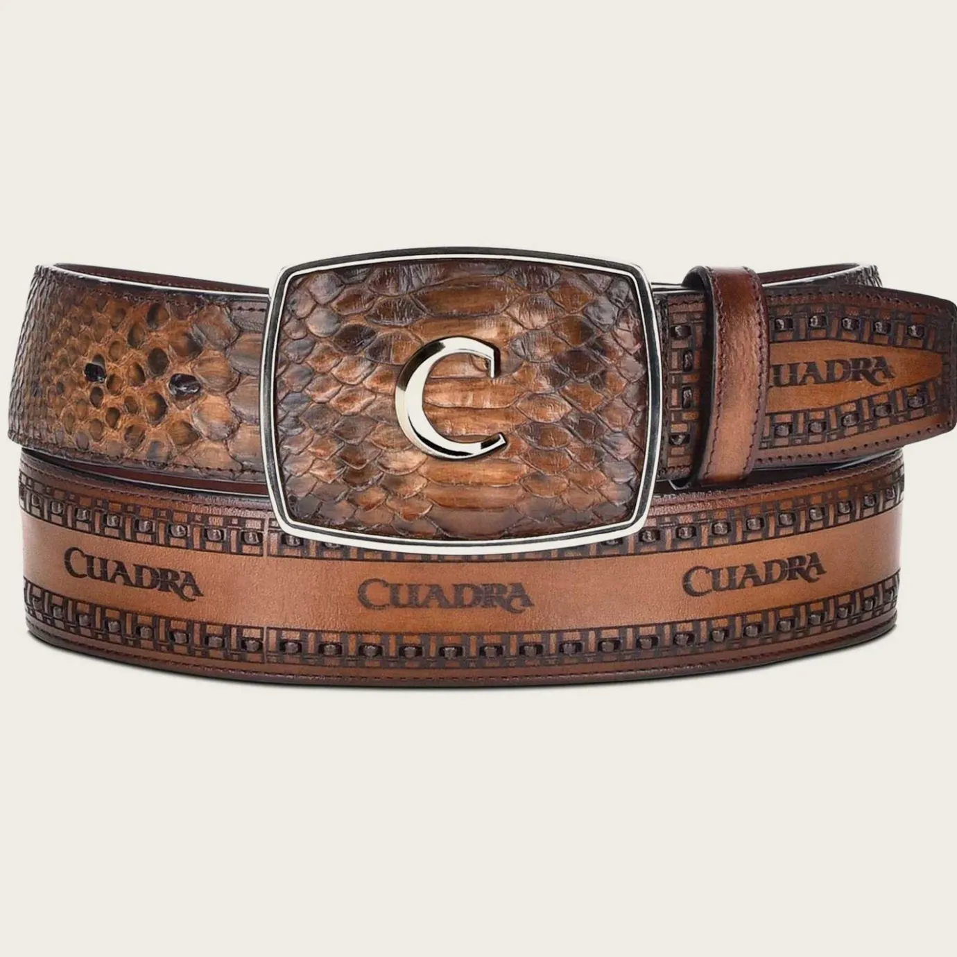 Men Cuadra Belts-Honey Engraved Python Leather Western Belt
