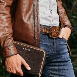 Men Cuadra Belts-Honey Engraved Python Leather Western Belt