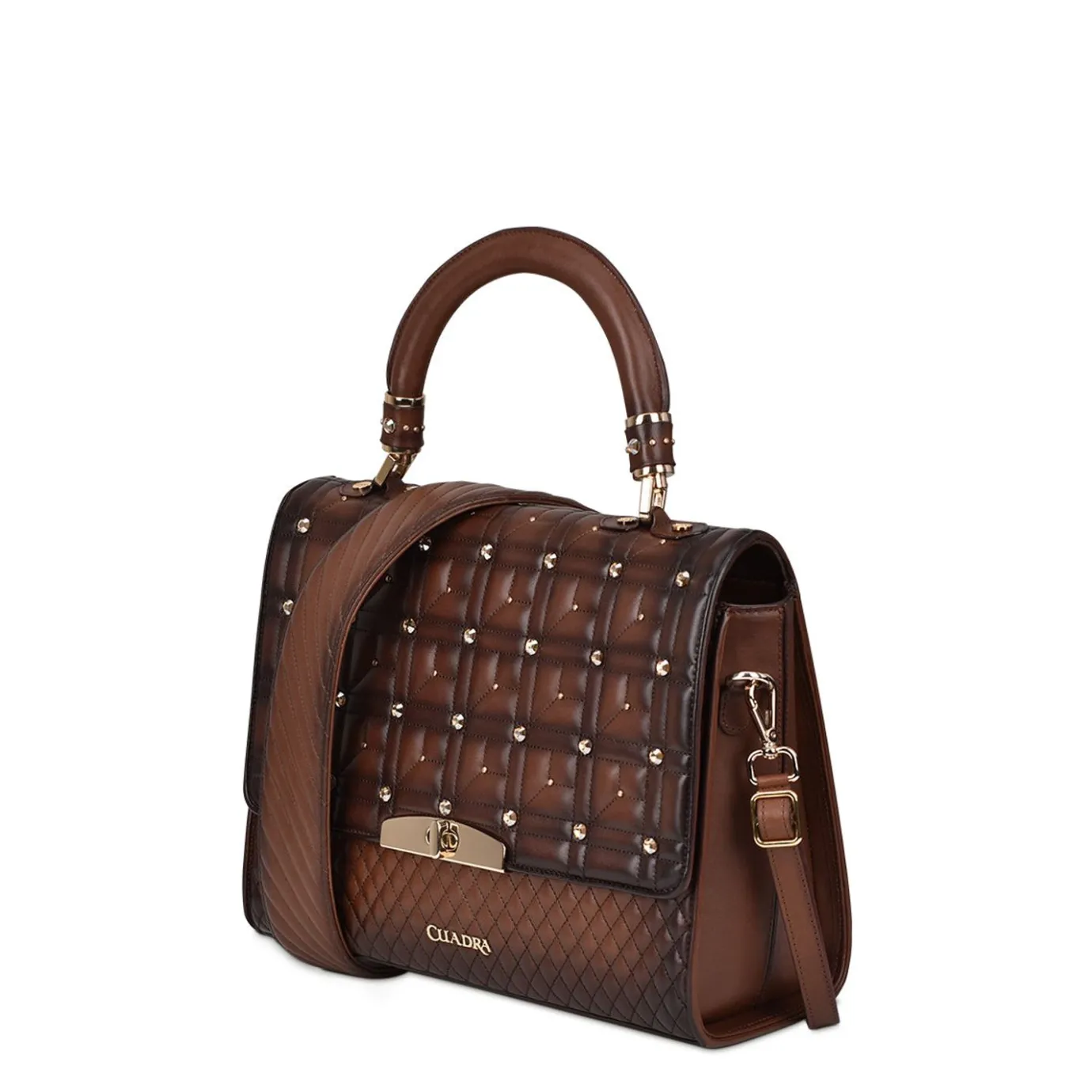 Women Cuadra Top Handle & Satchel Bags-Honey Leather Quilted Embroidery Handbag With Austrian Crystals