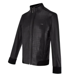 Men Cuadra Jackets-Mandarin Neck Black Leather Jacket
