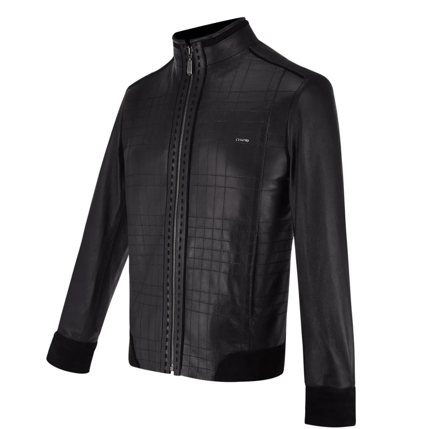 Men Cuadra Jackets-Mandarin Neck Black Leather Jacket
